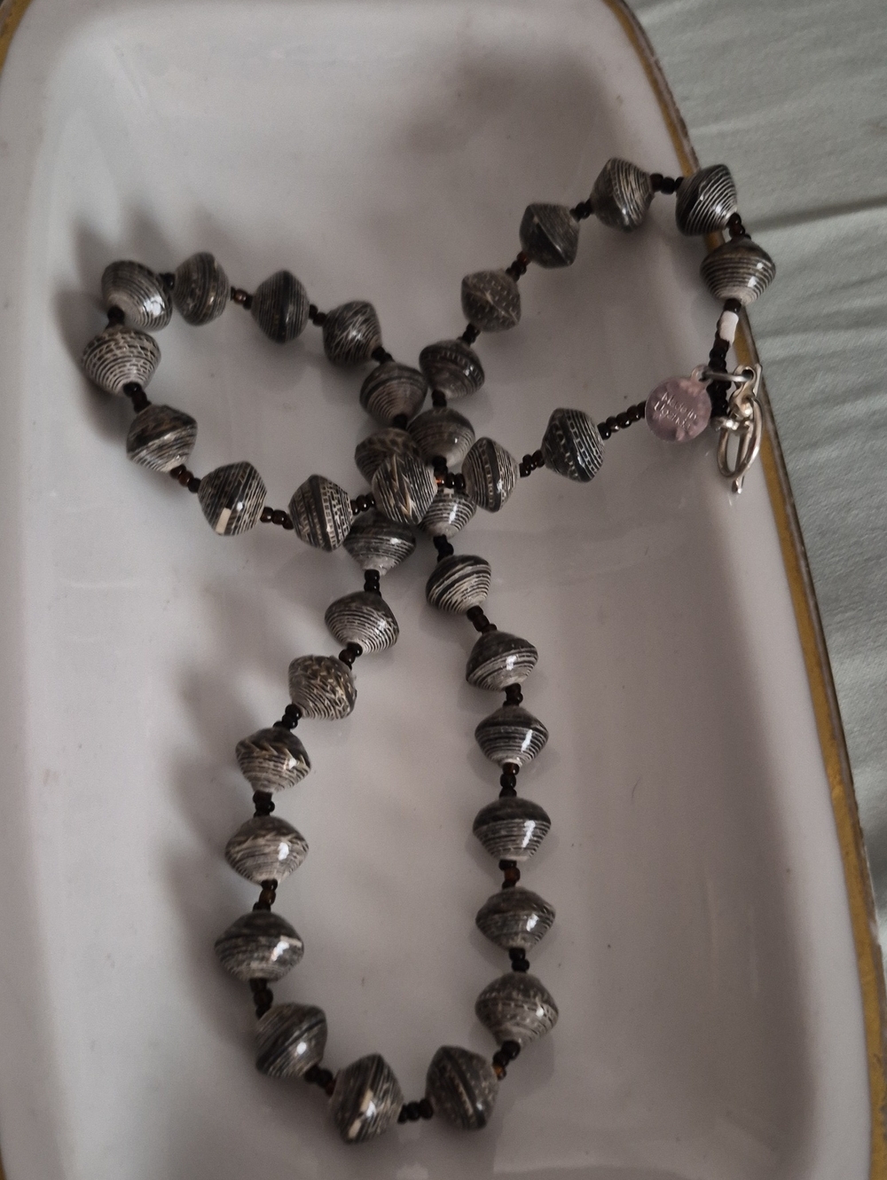 BeadforLife Uganda Paper Beaded Black Gray Bead for Life Project Toggle Necklace